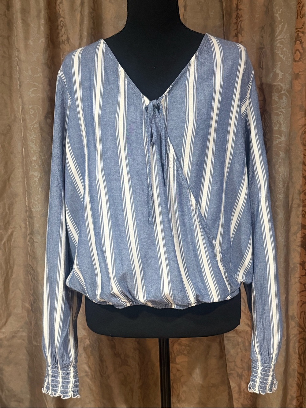 Hollister Blue and White Vertical Stripe Tie-Front V-Neck Blouse